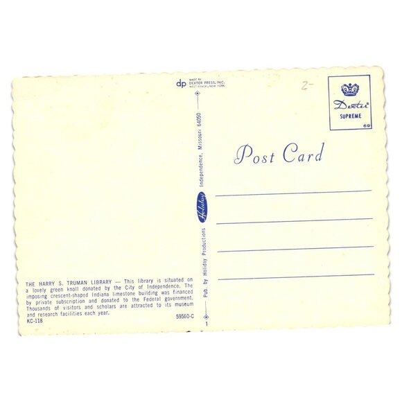 Harry S Truman Library Postcard Independence Missouri Dexter Press Holiday - Picture 2 of 2